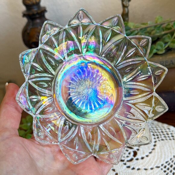 Vintage Iridescent Footed Crystal Candy Dish - Picture 5 of 13